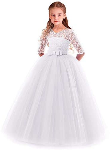 MYRISAM Filles Robe de Cérémonie 3/4 Manches Longues Tulle Dentelle avec Bowknot Demoiselle d'honneur Robe d’Mariage Soirée Communion Anniversaire Baptême Carnaval Fête Bal Blanc 2-3 Ans