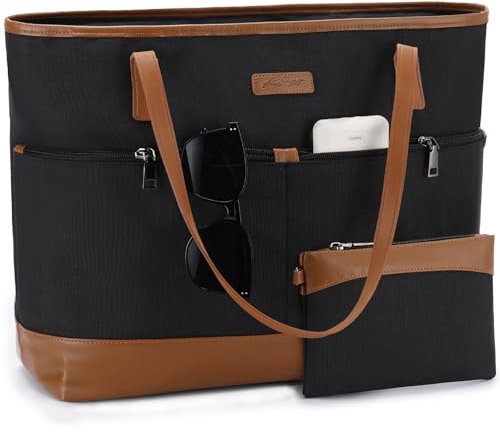 Kasgo Laptop Bag for Women,Water Resistant 15.6 inch Tote Bag Women Shoulder Bag Large Ladies Handbag Purse Teachers Bag Work Bag with Luggage Sleeve for Office Travel Shopping, Black and Brown