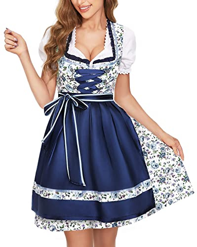 BENNIES Costume da Oktoberfest Abito Tradizionale da Donna in Dirndl Costumi Midi per Oktoberfest Set di Costumi da Donna Abito Camicetta Grembiule Blu 36