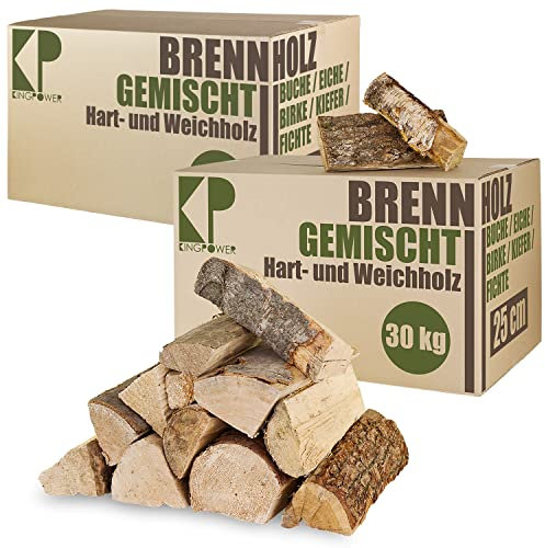 Legna da ardere Misto 30 kg Faggio Betulla Quercia Pino Abete Legna per stufe e caminetti Braciere Griglia 25 cm Camera asciugata Kingpower, Quantità:60 kg