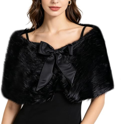 haozaikeji Faux Fur Shawl and Wrap for Women Fluffy Wedding Bridal Warm Shawls Stole Shrug with Satin Strap Closure Plush Cape Coat for Wedding Dress Cheongsam