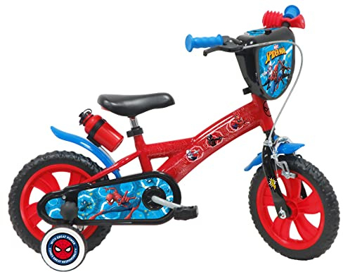 Bicicletta 12'' SPIDERMAN dotata di 1 freno, piastra anteriore decorativa, parafanghi, carter e stabilizzatori. Ragazzo, rosso