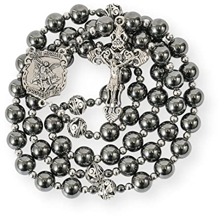 Nazareth Store Chapelet en Hematite Collier de Perles en Pierre Noire Perles en Metal Medaille de protection De Saint Michel Et Chapelet en Croix Pour Hommes et Femmes