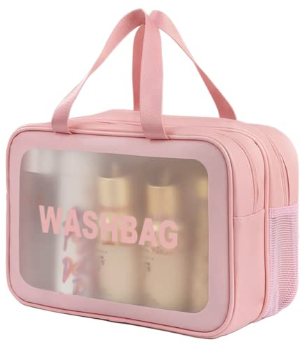 DAPOWER Travel Toiletry Bag for Women, Matte Translucent Toiletry Bag with Handy Handle, Makeup Cosmetic Organizer Bag for Travel Toiletries Accessories (Pink-XL)