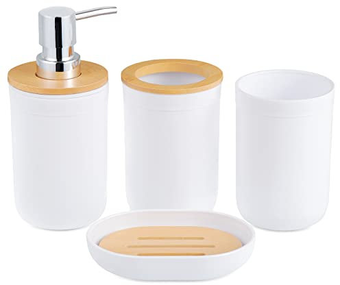 HonGien Badezimmer-Zubehör-Set, Bad Accessoire Set Zahnputzbecher, 4Pcs Bambus Bad Zubehörset mit Zahnbürstenhalter, Mundwasser Cup, Lotion Flasche und Seifenschal(Weiß)