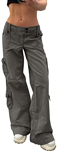 Kisswow Pantalon cargo taille haute pour femme avec poche inclinée et coupe droite