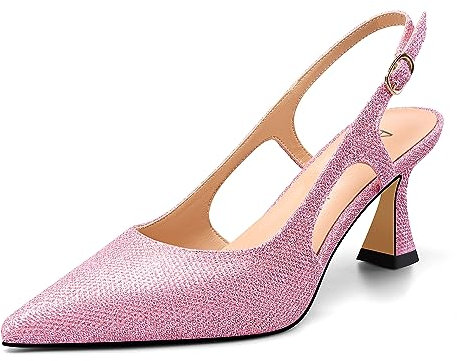 Aachcol Donna Slingback Medio Spillo Tacco Heel a Punta Pumps Glitter Dress Fibbia Cinturino alla Caviglia Ballo 6.5 CM Heels Rosa 37 EU