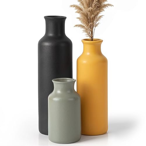 Winter Shore Set Vasi Fiori Ceramica (3 Pezzi) - Vasi Design Varie Dimensioni per Cucina, Ingresso, Bagno, Soggiorno - Vasi Decorativi Rustici per Tavoli, Scaffali, Caminetto - Grigio, Giallo, Nero