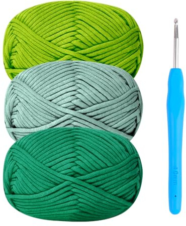 Renyiz - Filato di cotone spesso per uncinetto, 3 x 50 g, per principianti, filato per amigurumi, con uncinetto da 4 mm, kit per uncinetto per principianti, verde