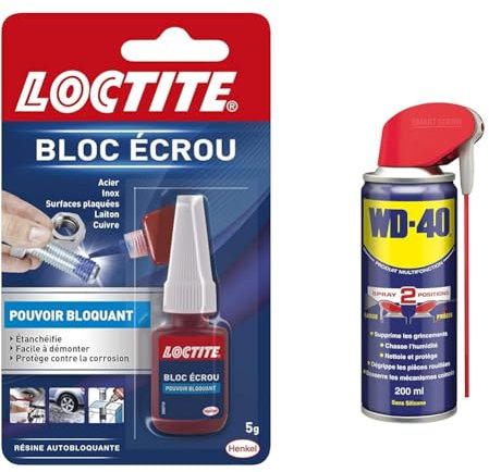 LOCTITE Colle Bloc Écrou - Résine autobloquante pour éviter le desserage par vibration de boulons & WD-40 Produit Multifonction Spray Double Position Sans Silicone Non Conducteur
