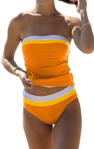 Beachsissi Bandeau Swimsuits for Women Strapless Swimwear Bathing Suits Tummy Control Color Block Tankini Sets, Orange, L