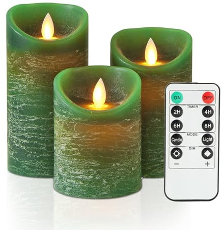 KeeFos【3 Sets Candele LED, Candele Senza Fiamma, Candele Flickering Flameless, Candele All'aperto, con Telecomando e Funzione Timer per Compleanno, Festa, Matrimonio, Hotel - Verde