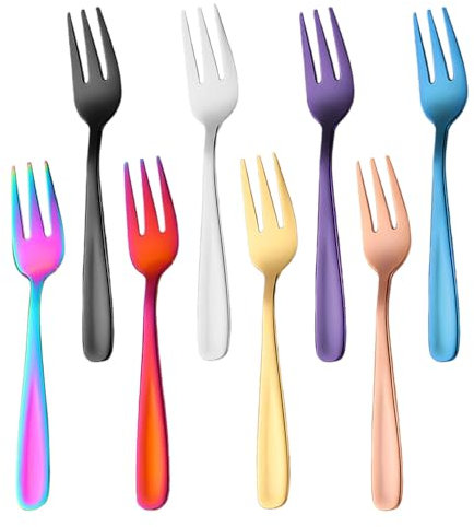Set di Forchette da Frutta a Tre Denti, Dessert e Torta in Acciaio Inox - Mini Forchette Colorate per Feste (13,7 x 2 cm)
