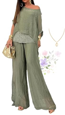 ZPLMIDE Traje casual de gasa con lentejuelas para mujer, elegante pantalón de gasa de pierna ancha, conjunto de dos piezas para boda, verde, XL