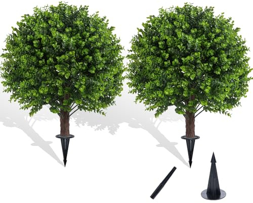 Chillchard Artificial Boxwood Topiary Outdoor Plants with Spike, 2 Pack Faux Bushes UV Resistant Fake Shrubs for Front Porch Décor