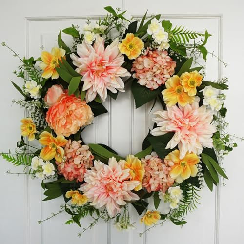 Hometrance 24 Inch Large Spring Summer Wreaths for Front Door, Luxury Handmade Tropical Wreath with Dahlia Peony Hydrangea Flower, Artificial Floral Wreaths for Porch Wall Window Farmhouse Decor