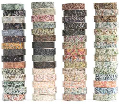 YUBX Flowers Washi Tape Set 60 Rolls Leaves Patterns Decorative Skinny Fall Masking Tapes for Arts, DIY Crafts, Journals, Planners, Scrapbook, Wrapping (Autumn)