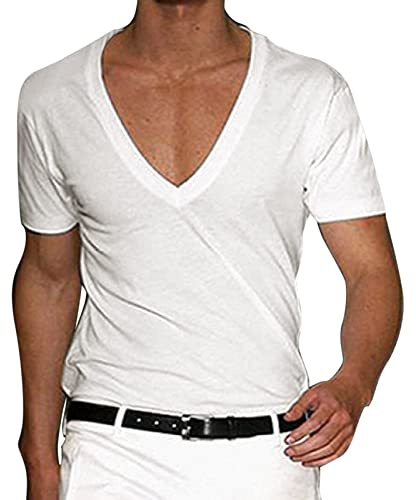 T-shirt à col en V profond pour homme - Col V - Invisible et respirant - Ourlet croisé - Muscle extensible - Gym - Entraînement - Manches courtes - Coupe basse, Blanc., L