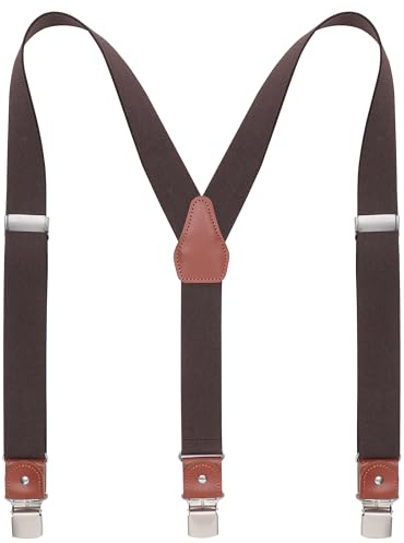 Kajeer Genuine Leather Men's Braces for Trousers - Elastic Y-Back Suspenders with Wide Strong Clips Adjustable Straps for Suits & Formal Wear Wedding Business (Coffee)