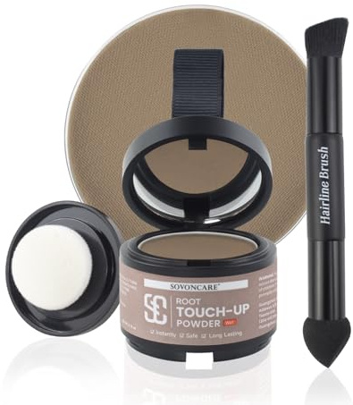 SOVONCARE Wet Hairline Powder for Women & Men - Hair Root Touch Up Powder for Grey Coverage, Thinning Hair & Bald Spots, Stays All Day - Instant Root Cover Up, Includes Brush（Light Brown 0.14 oz）