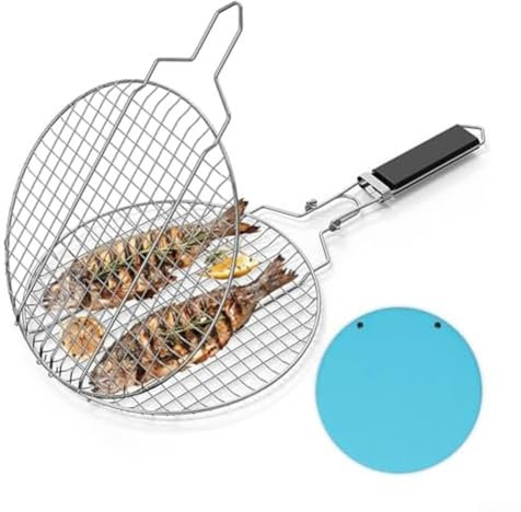 HpLive Double grille de barbecue, ronde, en acier inoxydable, pliable, poignée amovible, verrouillable, pour barbecue et barbecue en plein air, 55 x 28 x 1,8 cm