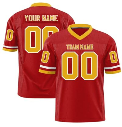 Maillot de Football Américain Personnalisable pour Hommes Femmes Jeunes Préscolaires T-Shirts avec Logo Nom et Numéro de l'équipe Manches Courtes à Séchage Rapide Rouge