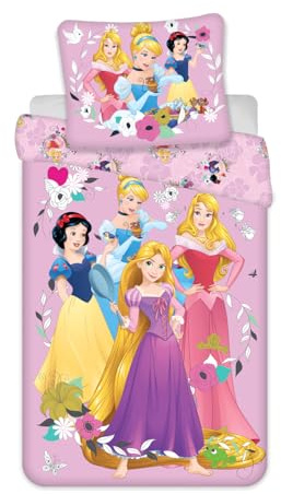 Jerry Fabrics Disney Princess sängkläder, snövit, Cinderella, Rapunzel, Aurora, barnsängkläder, 160 x 200 cm täcke, 70 x 80 cm örngott, 100 % bomull