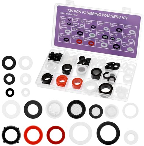 QWORK® 135 PCS Set di guarnizioni in gomma sanitaria e assortimento di guarnizioni in silicone piatte - per riparazione di rubinetti, teste di doccia e tubi da giardino