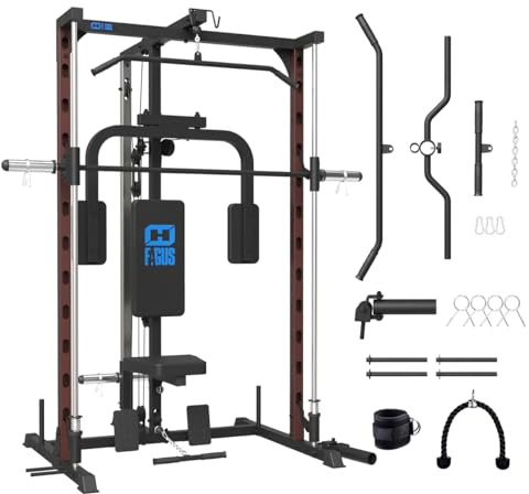 FAGUS Smith Machine Power Rack with Chest Fly Station & LAT-Pull Down System, Landmine, T-Bar Row Handle, Tricep Rope, Ankle Strap, Plate Storage Bars, Band Pegs and More Training Attachments, Brown