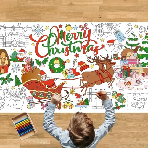 GWAWG Färgläggning jul bordsduk för barn, färg din egen pappersduk, julhantverk, festliga festdekorationer, familj 182 x 80 cm