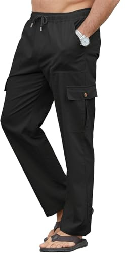 YloveM Pantaloni Lino Uomo con Tasche Casual Estivi Pantaloni Uomo Estivi Cotone con Elasticizzati Vita Spiaggia Cargo Pantalone Lino Uomo Larghi con Coulisse Leggeri Yoga Nero XL