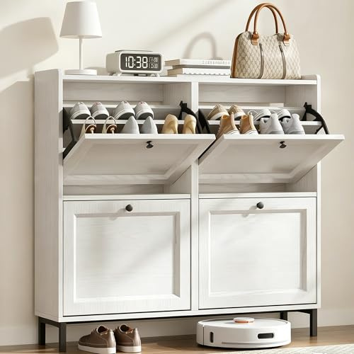Blishom Armario Estrecho para Zapatos con 4 Puertas Abatibles con Estantes Ajustables, para 16-24 Pares, para Entrada o Espacios Pequeños, 99x24x91 cm, Blanco