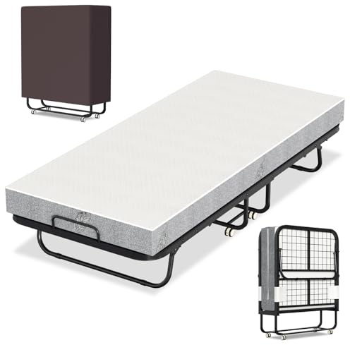 Jaxguom Hopfällbar säng 90x200 cm med 13 cm madrass, hopfällbar gästsäng för vuxna, stabil metallram, vikbar säng med hjul & dammskyddsfodral, platsbesparande besökarsäng för hemmet