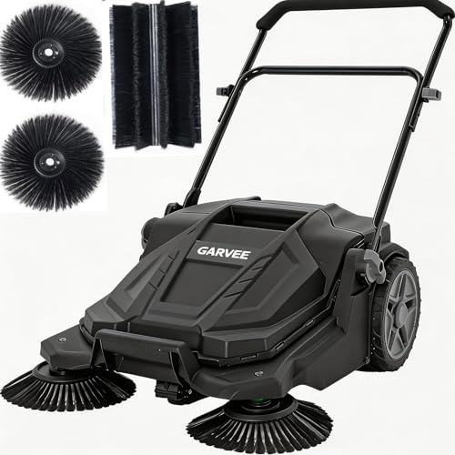 Walk-Behind Outdoor Hand Push Floor Sweeper, 25.6 Inch Wide Manual Non-Electric Sweeper with 5.25 Gallon Waste Bin, Adjustable Folding Handle Heavy Duty Yard Sweeper for Garage Patio Walkway Driveway