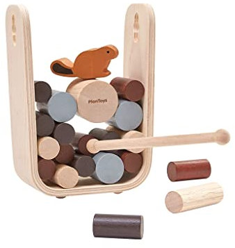 PlanToys Timber Tumble - mit Biber und Baumstämmen - Motorikspielzeug für Kinder aus Holz - Holzspielzeug ab 3 Jahre - Steckspiel für 1-4 Spieler