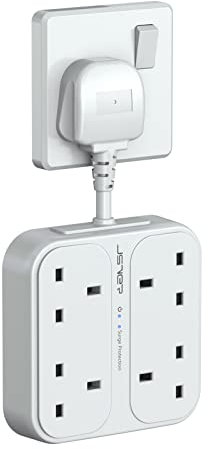 JSVER Plug Extension USB,Extension Lead with 4 USB Slots(3 USBA+1 USB C) Power Socket with 4 Way 4 USB Charging Station(17W) Power Strip Surge Protection for Home Travel,White