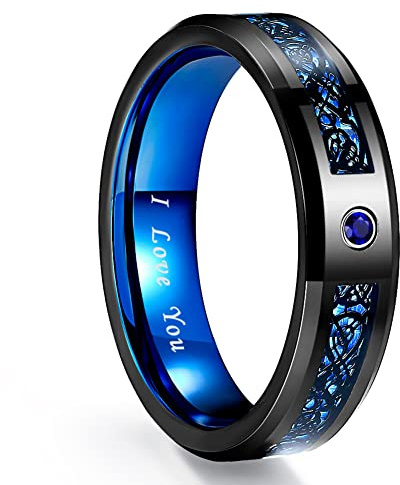 NUNCAD Anello Uomo Celtico Drago Blu 6mm, Anello in Tungsteno con Zircone Blu e Fibra di Carbonio per Fede Fidanzamento Regalo Taglia 24.5