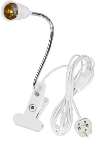 Wasserquelle E27 Clip Desk Lamp Clip on Light Bulb Holder with Switch UK Plug Flexible E27 Light Fitting Base 360° Socket Screw Lamp Holder for Bedside Offices (20CM, White)