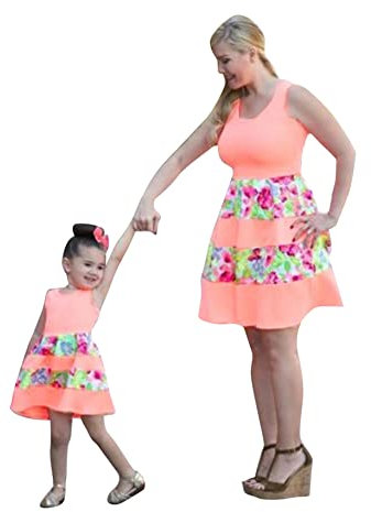 Yming Damen Familienkleid Knielang Kleid Rundhals Strandkleid Lässiges Sommerkleid Blumen Rosa 3XL