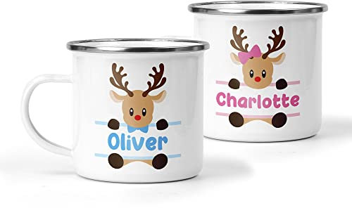 Personalised Christmas Mug with Reindeer & Name, Custom Festive Xmas Cup, Hot Chocolate Enamel Mug, Christmas Eve Box Fillers, Gifts for Kids