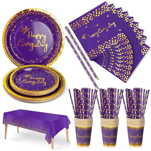 Nkaiso 126 Pezzi Viola Oro Stoviglie per Feste, Festa Decorazioni Set Include Piatti di Carta Tovaglioli Tazze di Carta Cannucce Tovaglia,per Natale, Matrimonio,Compleanno -25 Ospiti