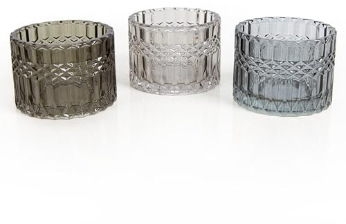 Logbuch-Verlag 3 portavelas de cristal gris negro transparente decoración de mesa portavelas para bar salón salón salón decoración 9 cm