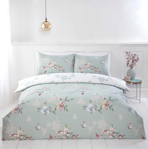 Rapport home Hummingbird Floral Green King Duvet Cover Set - Soft Easy Care Polyester Bedding with Pillowcases