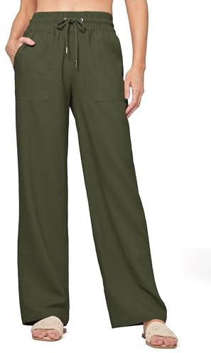 WILLIT Pantalon en lin pour femme - Pantalon d'été en coton - Couleur unie - Pantalon de jogging - Jambes larges - Pantalon de loisirs - Pantalon de plage décontracté avec poches, Vert armée., S