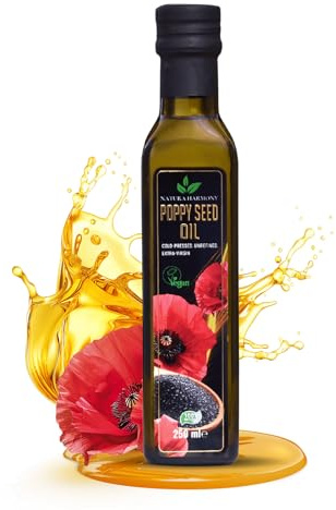 Natura Harmony Poppy Seed Oil 250 ml | Cold-Pressed & Unrefined Extra Virgin Edible Oil | Mild, Nutty Flavour for Salads, Baking & Dressings | Vegan | Dark Glass Bottle