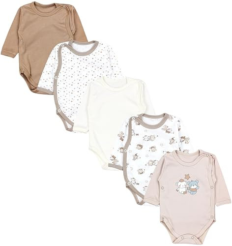 TupTam Baby Body Langarm – Wickelbody Langarm im 5er Pack aus Baumwolle für Mädchen und Jungen, Farbe: Bärchen Sterne Beige, Größe: 62