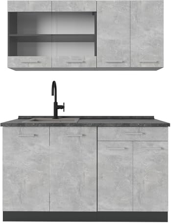 Vicco Singleküche R-Line, Beton, 140 cm, AP Anthrazit, zur flexiblen Erweiterung mit weiteren Modulen geeignet