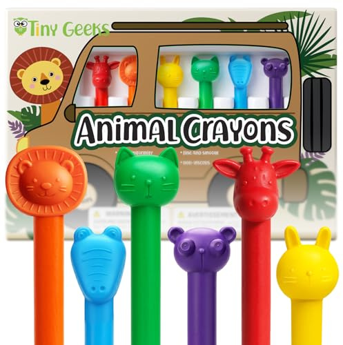 TinyGeeks 6 Tierförmige Wachsmalstifte - Ungiftige Wachsmalstifte für Kleinkinder - Auswaschbar - Perfekt für Kinder im Alter von 4-8 Jahren - Einfach zu Halten - Viel Spaß auf deiner kleinen Safari