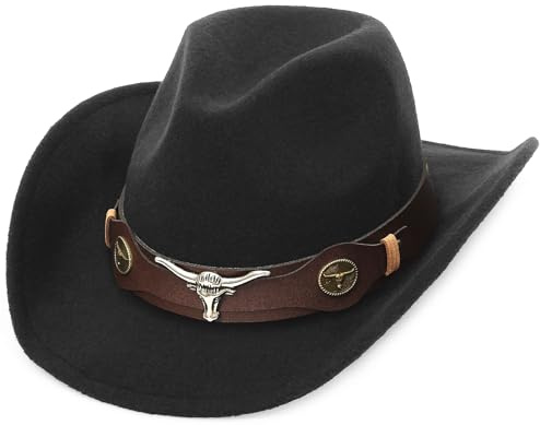 GEMVIE Sombrero de vaquero para hombre y mujer, sombrero occidental, ala ancha, sombrero de fieltro de lana, Negro., Talla única