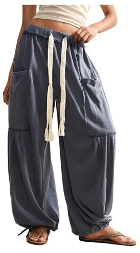RoseSeek Women's Baggy Boho Harem Pants Drawstring Waist Wide Leg Sweatpants Casual Trousers Joggers with Pockets Dark Grey Medium